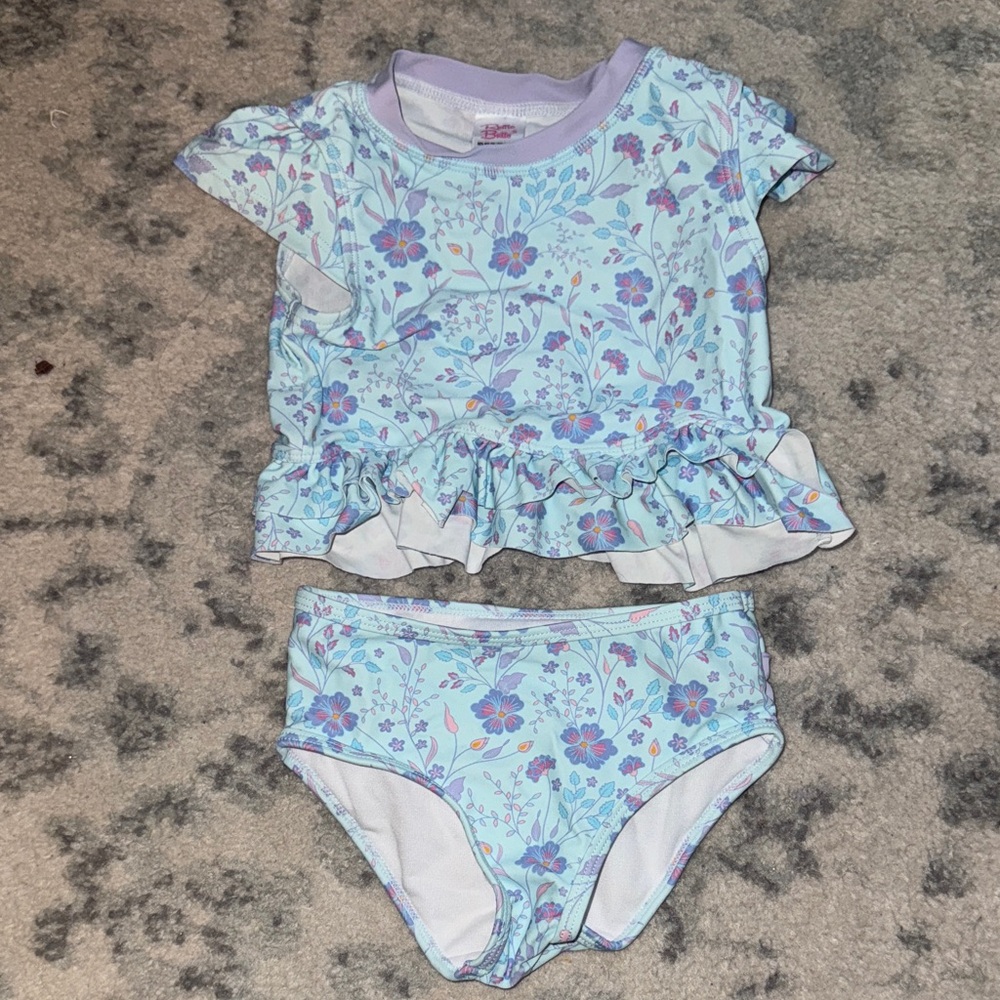 Ruffle Butts Blue Floral Kids Swim Rashguard